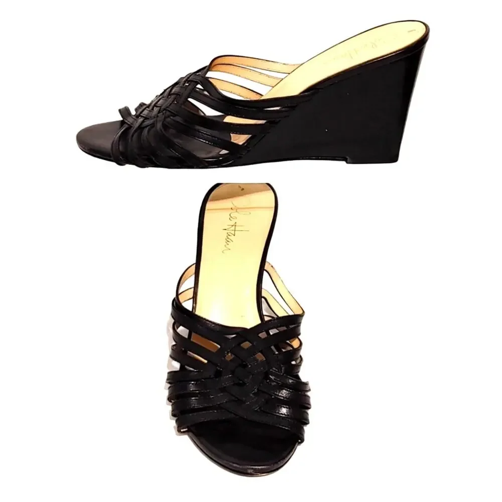 Cole Haan Air Verona Wedge Sandals Crisscross Strappy Black Leather Womens 9.5B